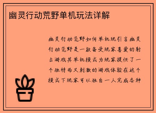 幽灵行动荒野单机玩法详解
